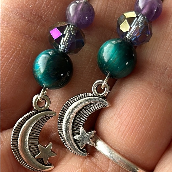 Handmade Amethyst + Blue Tigers Eye Moon Dangle Earrings - Picture 5 of 5